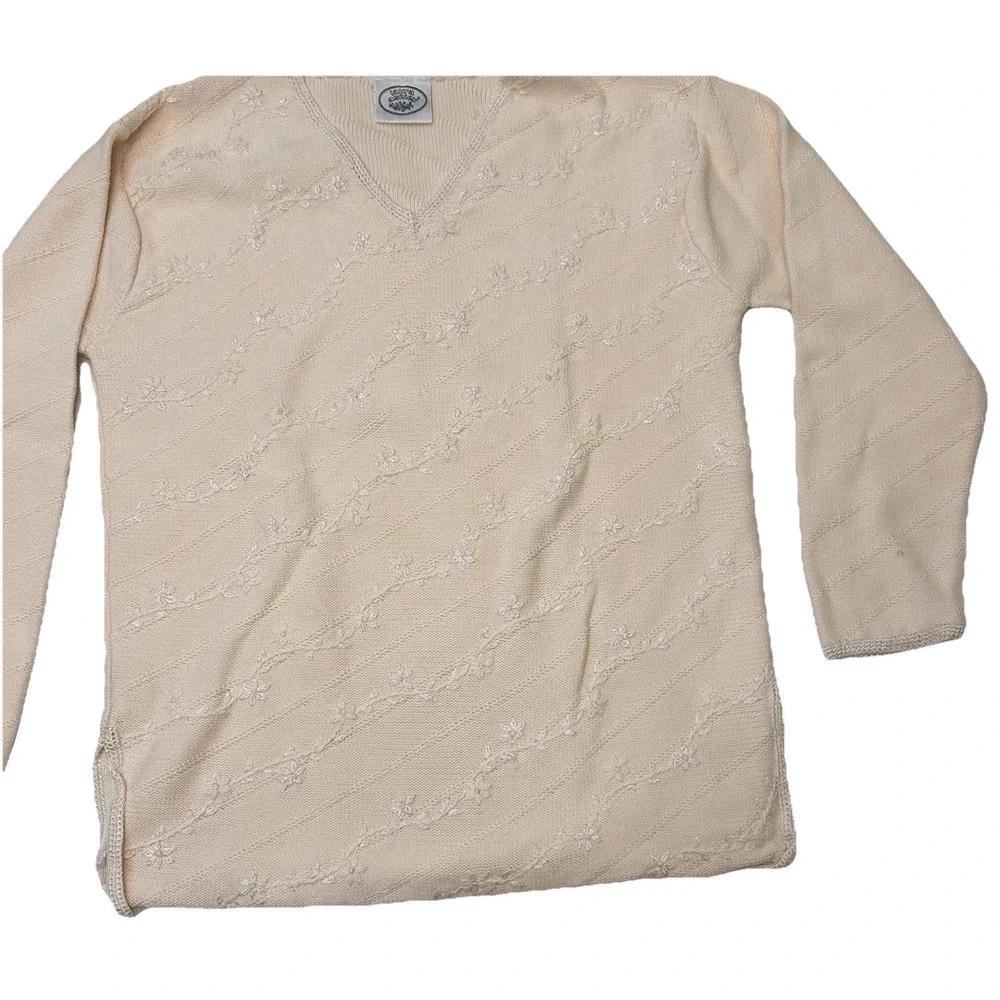 Laura Ashley Small Embroidered Cotton Ivory Floral Sweater Grandmacore Cottage
